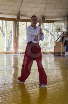 Lviv, Ukraine - April 25.2015: Competitor in the martial arts to perform in the gym in the city park in Lviv, Ukraine