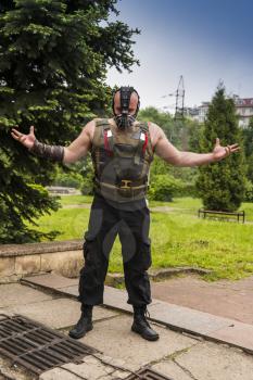 Lviv, Ukraine - May 23,2015: Man  dressed in the style of the strongman performs  at the festival cosplay Anicon in Lviv May 23.2015