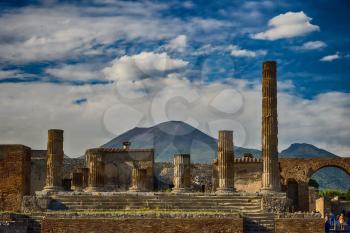 View of the Pompei ruins and Vesuvius volcano in background