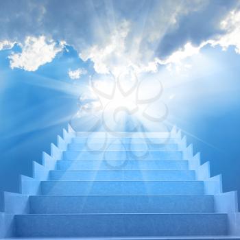 Stairs in sky. Concept with staircase, sun, white clouds and blue background