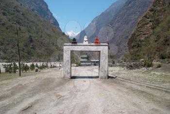 Gate to the Tibetan city. Landscape with Marsyangdi river.