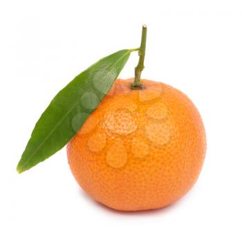 Orange mandarin with green leaf isolated on white background