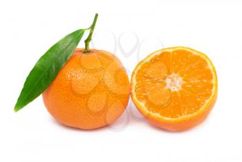 Orane mandarins with green leaf isolated on white background
