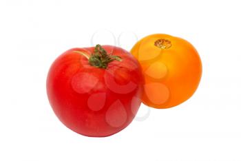 A fresh red and yellow tomatoes isolated on white.