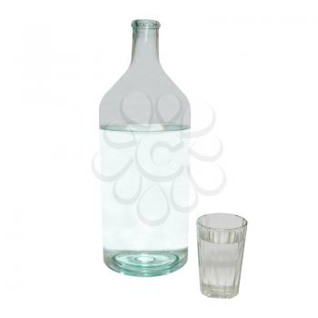 Transparent bottle and glass isolated on white.
