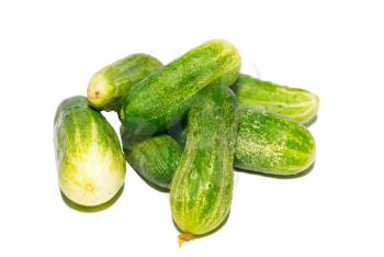 Many green cucumbers isolated on white.