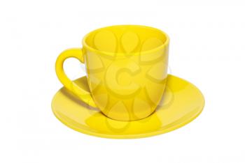Yellow ceramic cup and saucer isolated on white.