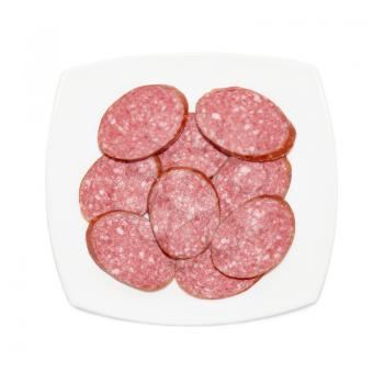 Sliced sausage with plate isolated on white