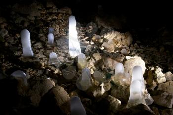Field of ice stalagmites in the cave.