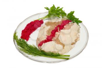 Plate with jellied meat and lettuce isolated on white.