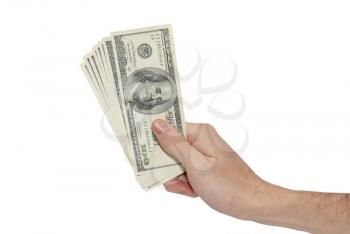 Hand with american dollars isolated on white.