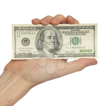 Hand with american dollars isolated on white.