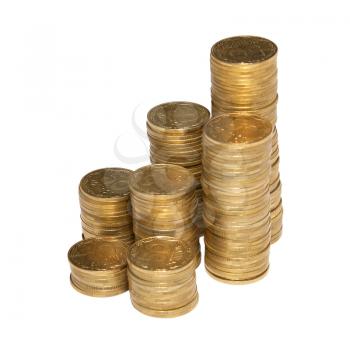 Column of golden coins isolated on white.