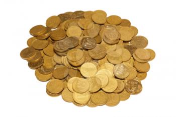 Heap of golden coins isolated on white.