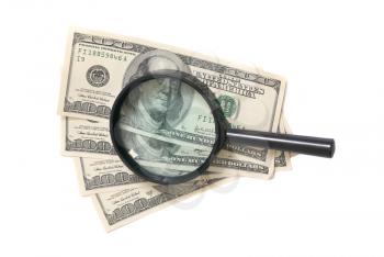 Magnifier with dollars isolated on white background