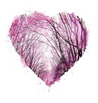 Abstract hand drawn. Watercolor heart.Love heart design. Photo collage with graphic silhouettes of trees