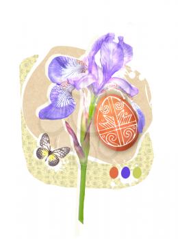 Easter greeting card template with paschal egg, butterfly and spring iris flower. Easter design for Resurrection Sunday religion holiday.