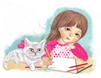 Illustration of a cute little girl with a cat. Artist girl begins to paint pencils in album. character design. Girl and Cat are going to paint.
