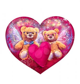 Happy Valentines Day card. Love heart. Cute Teddy bears.