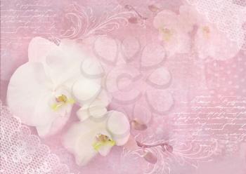 Card with orchid flowers on a light pink background. Template of an invitation, wedding, birthday, anniversary or similar event, cover page, flyer, poster, banner, business card design with orchids.