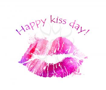 Print of pink lips. Lipstick kiss on white background. Card for International Kissing Day. Illustration with glamorous sensual red lips. Sexy kissing woman lips. Beautiful close up kiss icon.