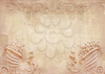 Blank for flyers, messages, menu cards, posters, etc. in shabby chic. Graphic collage in vintage style with meander, capitals,friezes, stone fruits. Baroque figures and details carved on building.
