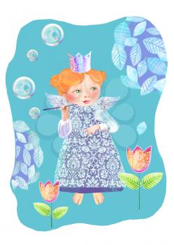 A little princess among the flowers blowing soap bubbles. Cute fairy blows soap bubbles in the garden.