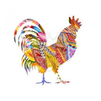 Colorful poster of a rooster isolated on white background. Good for prints, covers, posters, cards, gift design. Hand drawn illustration. Decorative ornament.