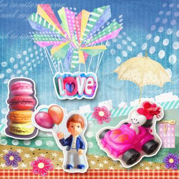 Cute holiday card. Macaroons, figurine of boy with baloons, white heart riding in red car with a bouquet. Art design for Valentine's Day greetings and card, web, banner, poster, flyer, brochure, print