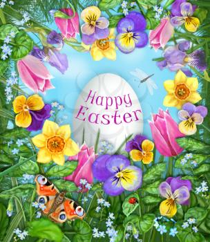 Happy easter greeting card. Flowers heart frame with eater egg. 