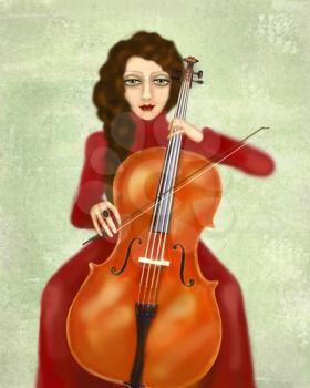 Musician. Woman playing the cello. Portrait of cellist. The girl in a red dress with black hair on the pistachio background. Graceful hands hold the bow and neck. Hairstyle and makeup in vintage style