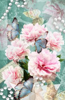 Postcard flower. Congratulations card with peonies, butterflies and pearls. Beautiful spring pink flower. Can be used as greeting card, invitation for wedding, birthday and other holiday happening.