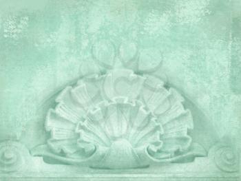 Architectural details. Blank for flyers, messages, business cards, posters, etc. in shabby chic style. Art deco figures carved on stone as decoration on a facade building. Fragment of ornate relief.
