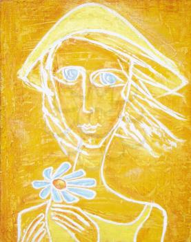 Abstract acrylic painting. Silhouette of sunny girl with blue eyes and blue flower in her hands on a yellow grunge background. Can be used as a picture for the interior, as part of wall decorations.