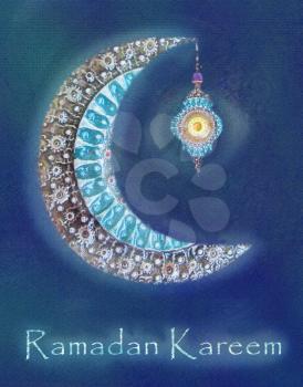 Greeting card of holy Muslim month Ramadan. Ornate crescent Moon with arabic lamp or lantern and stylish text on blue background, used as flyer, banner or poster design for Muslim community festival.