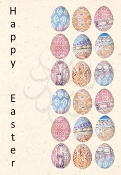 Bright happy Easter card. Easter eggs in abstract ethnic style. Stylish holiday background. Illustration for greeting cards, invitations, and other printing projects. Acrylic Painting element.