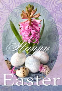 Happy Easter holiday card with pink hyacinth and easter eggs. Colorful easter background.
