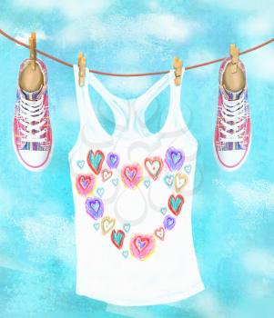 Laundry drying on the rope outside on a spring or summer day. Sneakers and jersey with hearts on the sky background. Funny cartoon illustration. Card with hand drawn shoes and clothes.