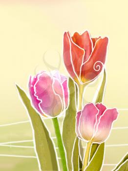 Bouquet of tulip flowers on a beige background. Floral abstract background with tulips. Illustration for a flyer, poster, wedding invitation, cover, greeting birthday or gift card with place for text.