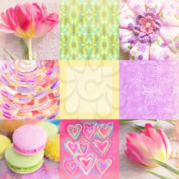 Festive collage with tulip, hand painted flowers, handicraft toy, hearts, abstract brush strokes, macaroons and place for text in center. Can use for cards, print on cover, wrapping paper, napkins,etc