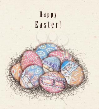 Happy Easter greeting card. Colorful ethnic eggs in bird nest. Painting element.