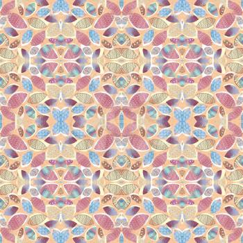 Colorful background with leaves, hand drawn. Abstract foliage seamless kaleidoscopic pattern background for your design wallpapers, pattern fills, web page backgrounds, surface textures. 