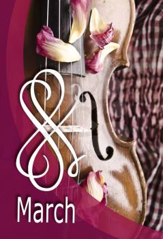 Still life with vintage violin and petals. Closeup of old wooden violin. Stringed music instrument on abstract background.