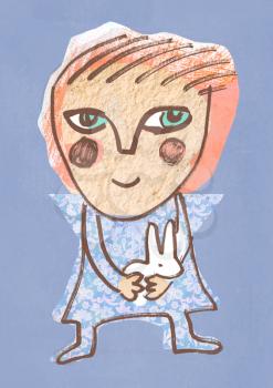 Cute stylized character angel with a white rabbit on his hands painted in the author's technique.