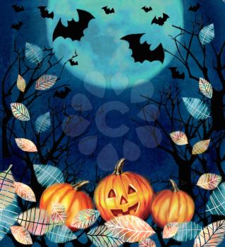 Happy Halloween illustration. Spooky background with autumn valley. Bats flying in the night over dark forest with pumpkins in the fallen leaves on a full moon background. Space for your text