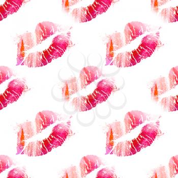 International kissing day background. Seamless pattern with kisses. Illustration with glamorous sensual red lips. Sexy kissing woman lips on white background.