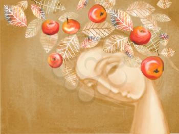 Beautiful autumn girl with wreath of leaves and red apples on her head. Illustration for postcards, calendars, posters, prints, seasonal template design. Based on hand drawn elements.