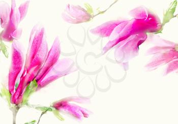 Watercolor magnolia frame. Background with watercolor pink tender magnolia flowers.
