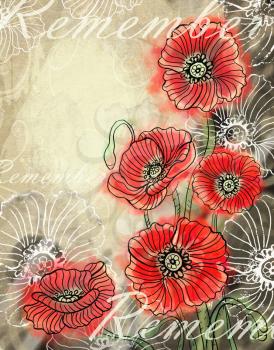 Floral card of isolated red poppy on grunge olive color background. Vintage hand drawn card. Illustration of poppy flower for Remembrance Day.