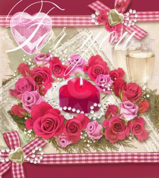 Holiday card with bouquet of beautiful roses on a old paper background. Can be used as valentine card, invitation card for wedding, birthday and other holiday events, banners, wraps, scrap-booking. 